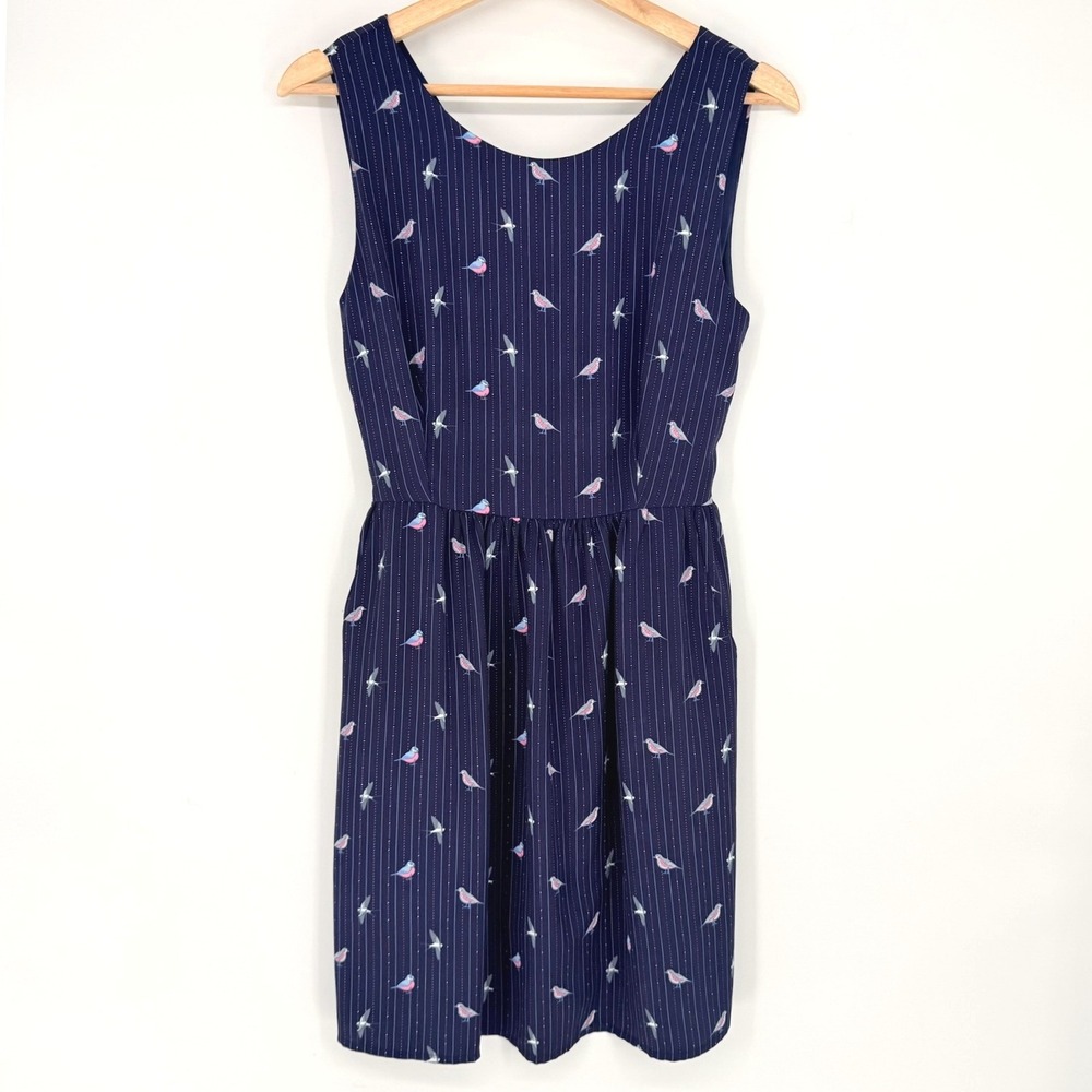 SM Wardrobe Navy Blue Swallow Bird Pinstripe Fit Flare Dress S Whimsical Retro